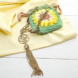 Lia Sophia Vintage Boho Long Fashion Necklace In Cute Draw-String Macrame Pouch